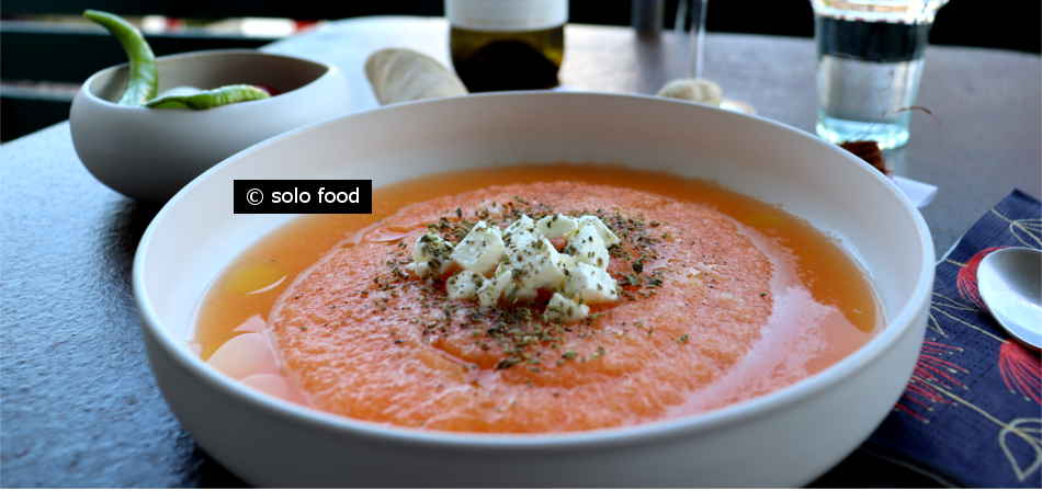 Soup with melon, feta cheese and oregano