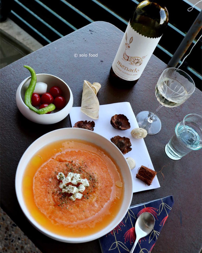 Soup with melon, feta cheese and oregano