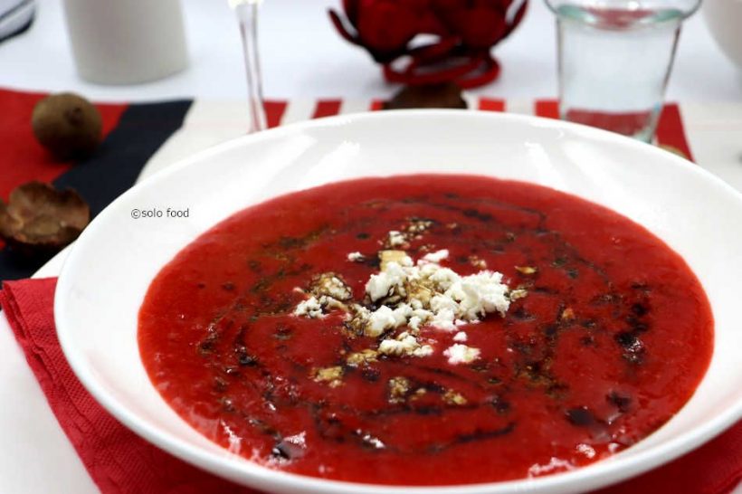 Soup with strawberries, balsamic vinegar and feta cheese