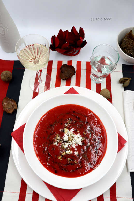 Soup with strawberries, balsamic vinegar and feta cheese